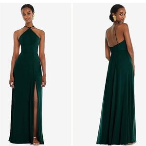 Dessy Lovely Lux Chiffon Halter backless Adjust Strap Maxi Evergreen Dress NWT 4